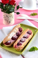 French pastry raspberry eclairs