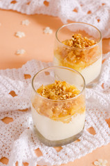 creamy dessert with caramelized pears and nuts