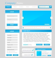 Web design template, UI elements blue, grey and white