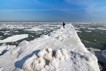 Frozen ice ocean coast - alone man polar winter - 65510684