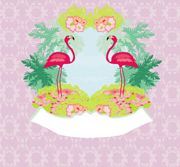 vintage frame - green palms and pink flamingo