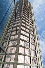 Looking up Lower Manhattan skyscrapers