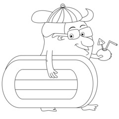 Cartoon man heading for beach with airbed and drink