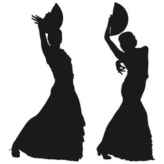 Two black silhouettes of female flamenco dancer