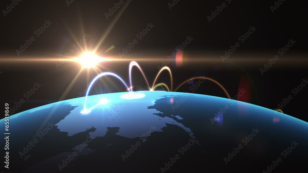 Wall mural global network, world map animation. (version with the sun) loop