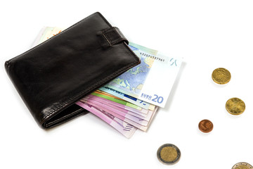 Black leather wallet and money euro