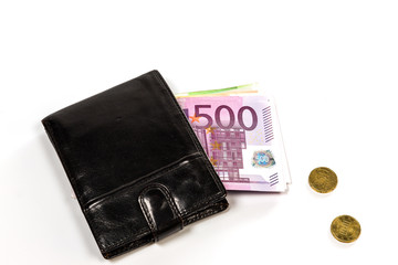 Black leather wallet and money euro