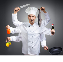 Humorous portrait of a chef with many hands