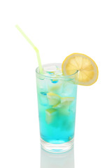 misted glass of lemonade with lemon and blue