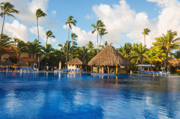 Exclusive swimming pool full of palm tree umbrellas