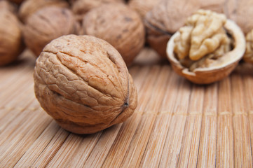 Walnuts on a bamboo mat