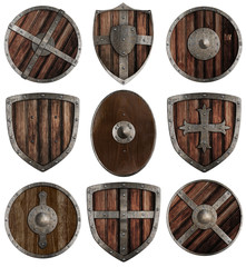 medieval wooden shields collection isolated on white