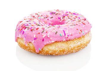 Pink donut isolated on white background