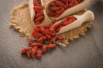 Goji berries on a wooden spoons
