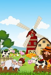 Naklejka premium Funny farmer at his farm with a bunch of farm animals