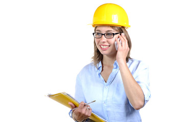 young female architect with a yellow helmet