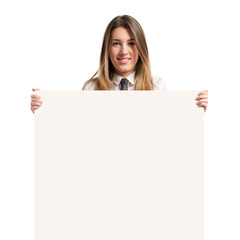 Fototapeta premium Young businesswoman girl holding placard