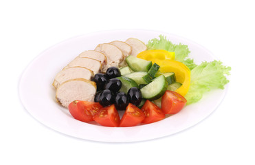 Chicken salad and vegetables.