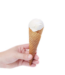Hand holds cone vanille ice cream.