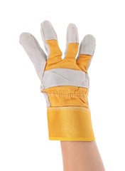 Gloved hand showing four finger.