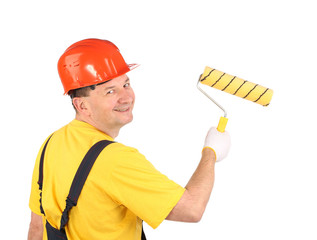 Worker with roller and bucket.