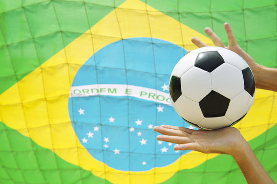 Football Goalie Makes a Save Brazilian Flag Goal