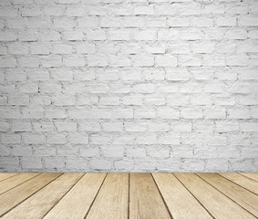 White brick wall and wooden floor, empty perspective room.