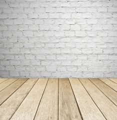 White brick wall and wooden floor, empty perspective room.