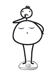 Diät - Gewicht auf Waage prüfen, Adipositas - schwerwiegende Krankheit, zu dicker Bauch, gefährliches Bauchfett, zu hohe Cholesterin Werte durch Bewegungsmangel