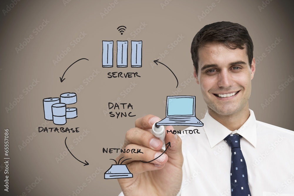Poster composite image of businessman writing flowchart