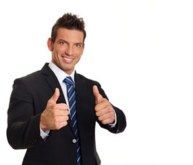 Businessman in suit shows you thumbs up
