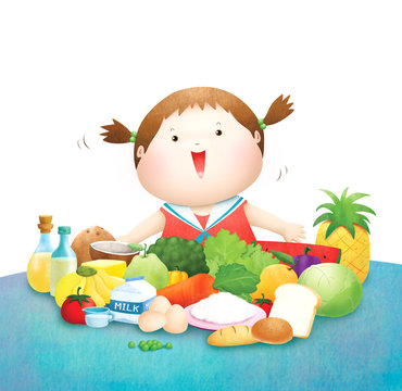 Little girl love  five food group illustration
