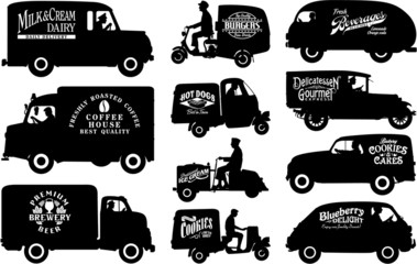 Editable vector silhouettes of vintage commercial vehicles