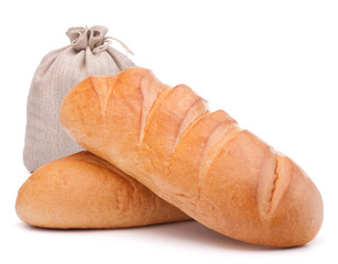 fresh bread and flour sack isolated on white background cutout