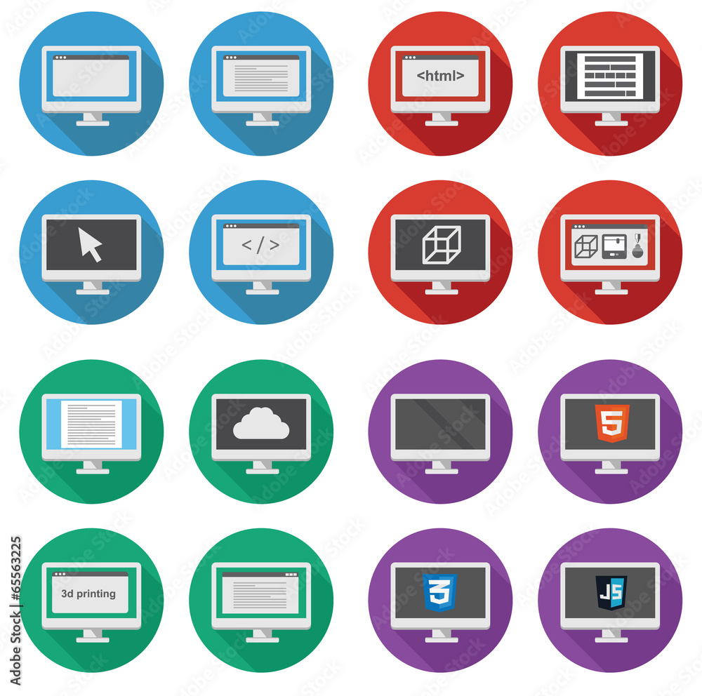Poster vector collection of web development round icons: screen of per