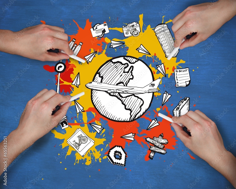 Poster Composite image of multiple hands drawing travel doodle with cha