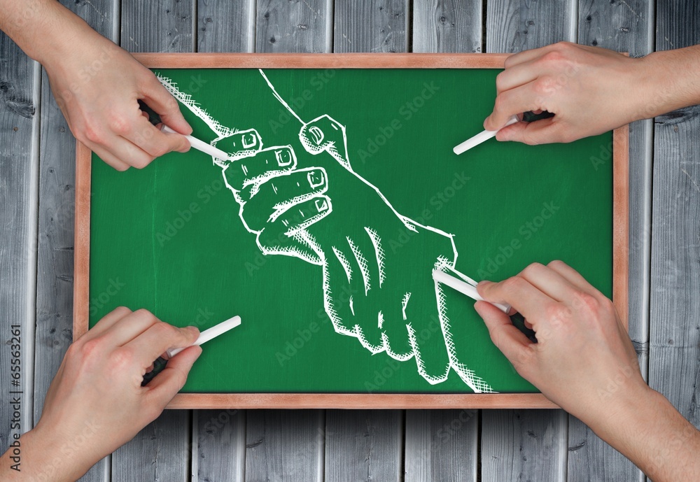 Poster Composite image of multiple hands drawing handshake with chalk
