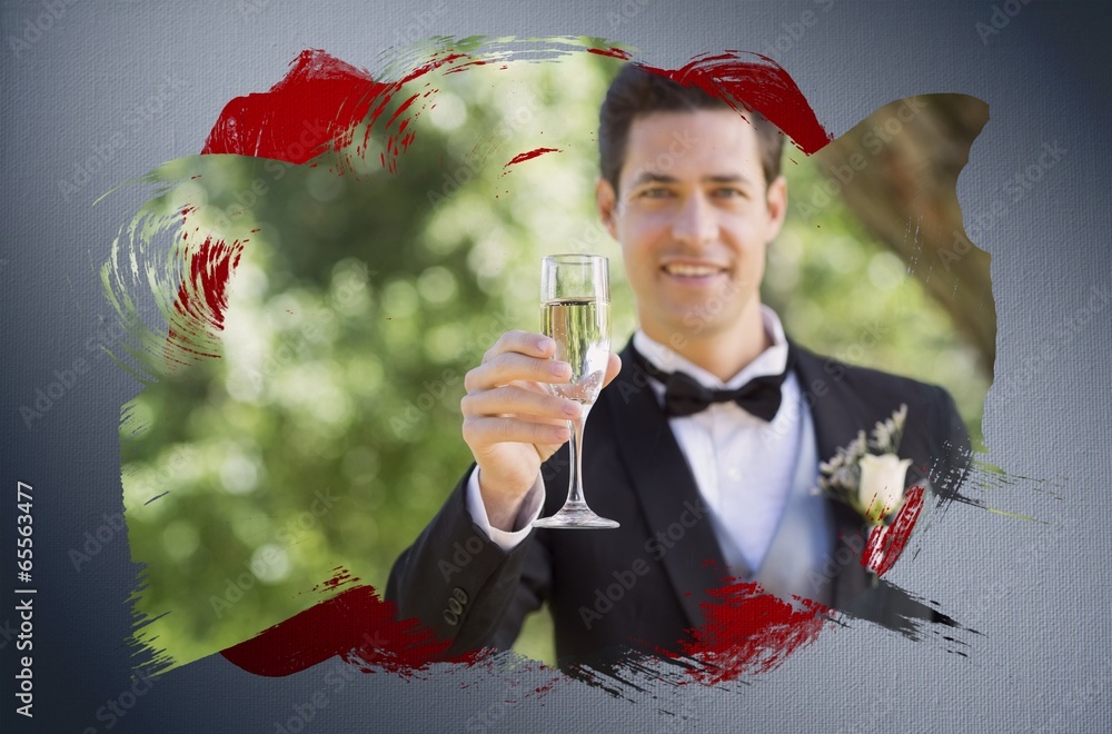 Poster composite image of groom toasting with champagne