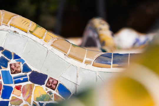 Detail closeup of mosaic in Park Guell, Barcelona