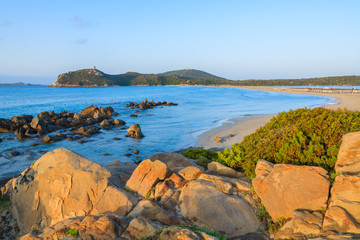 Beautiful sunrise on Porto Giunco beach, Sardinia island