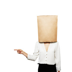 woman with paper bag on the head