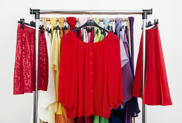 Wardrobe with red summer blouse and skirts displayed on a rack.