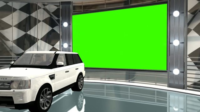 virtual studio background with green screen wall and SUV