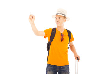 close-up  young man standing and raise a hand to draw