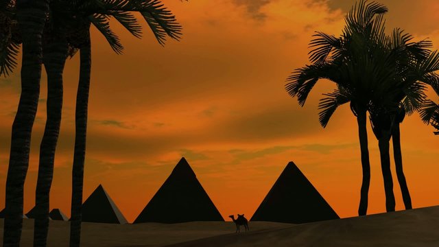 Sunset over pyramids in the dessert