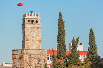 Fototapeta premium Aincient clock tower Saat Kulesi. Antalya, Turkey.