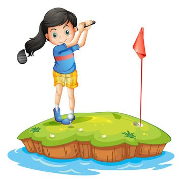 A young lady golfing