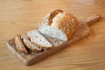 A loaf of freshly baked sunflower wheat bread