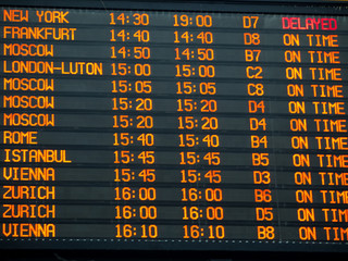Flights information board in an international  airport terminal