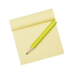yellow note paper and pencil on white background, top view